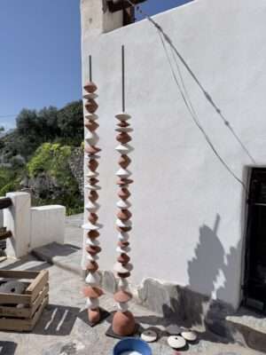 Vertical totem sculpture duo small pieces orange white